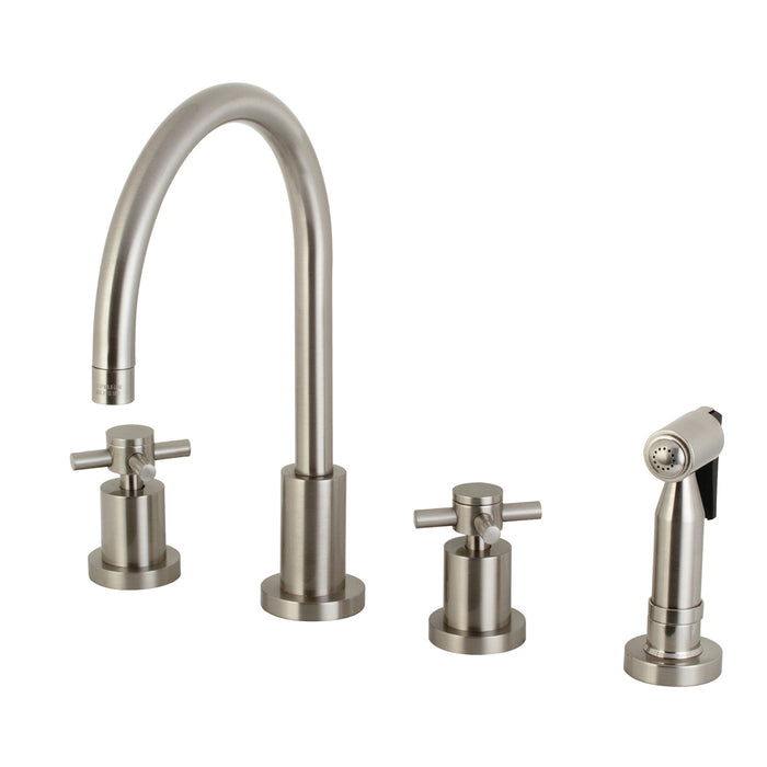 Concord KS8728DXBS Two-Handle 4-Hole Deck Mount Widespread Kitchen Faucet with Brass Sprayer, Brushed Nickel