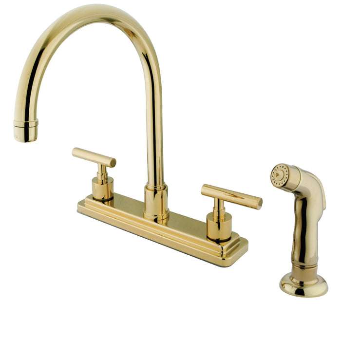 Manhattan KS8792CML Two-Handle 4-Hole Deck Mount 8" Centerset Kitchen Faucet with Side Sprayer, Polished Brass