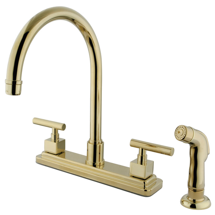 Claremont KS8792CQL Two-Handle 4-Hole Deck Mount 8" Centerset Kitchen Faucet with Side Sprayer, Polished Brass