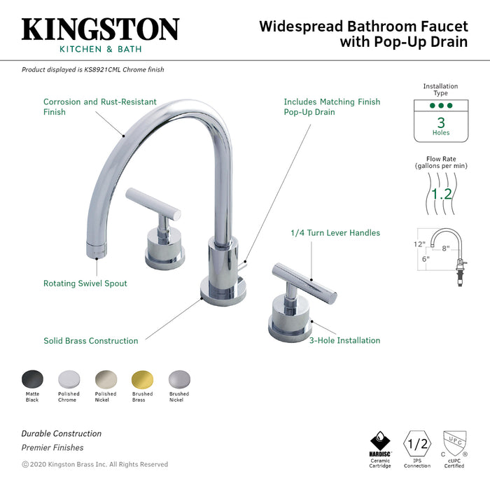 Manhattan KS8921CML Two-Handle 3-Hole Deck Mount Widespread Bathroom Faucet with Brass Pop-Up, Polished Chrome