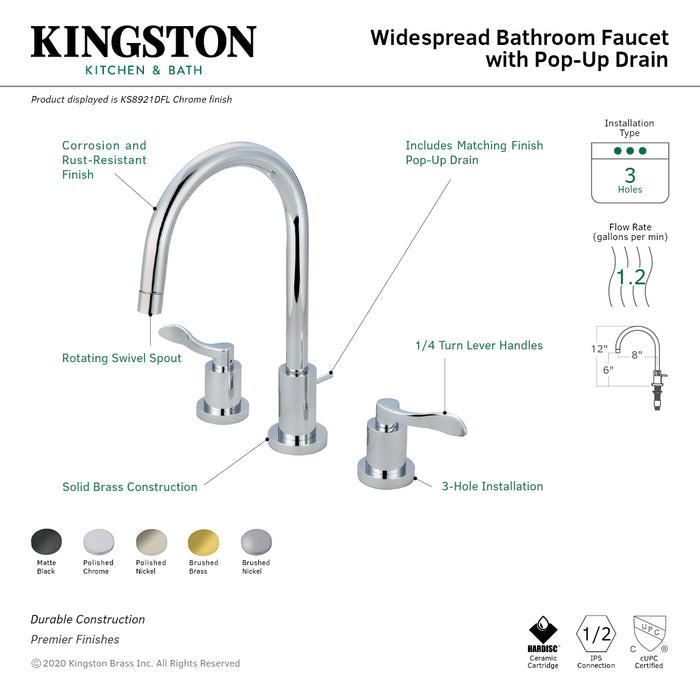 NuWave KS8921DFL Two-Handle 3-Hole Deck Mount Widespread Bathroom Faucet with Brass Pop-Up, Polished Chrome