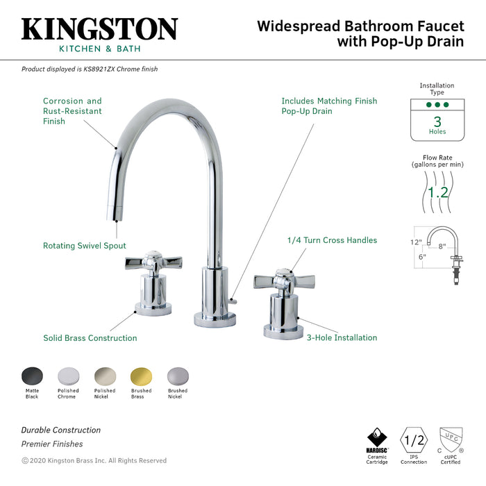 Millennium KS8926ZX Two-Handle 3-Hole Deck Mount Widespread Bathroom Faucet with Brass Pop-Up, Polished Nickel
