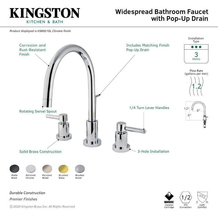 Concord KS8928DL Two-Handle 3-Hole Deck Mount Widespread Bathroom Faucet with Brass Pop-Up, Brushed Nickel