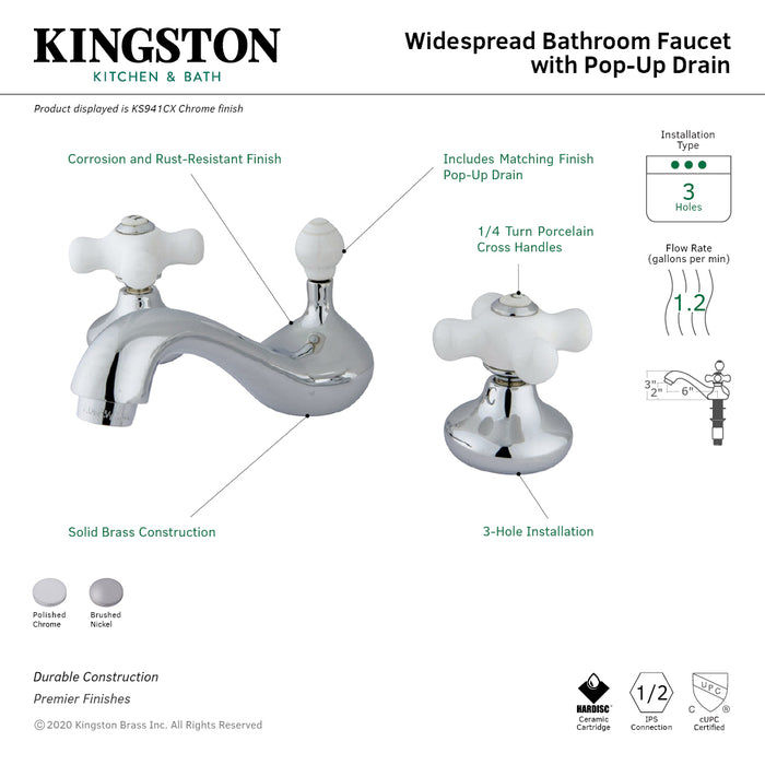 KS941CX Two-Handle 3-Hole Deck Mount Widespread Bathroom Faucet with Plastic Pop-Up, Polished Chrome
