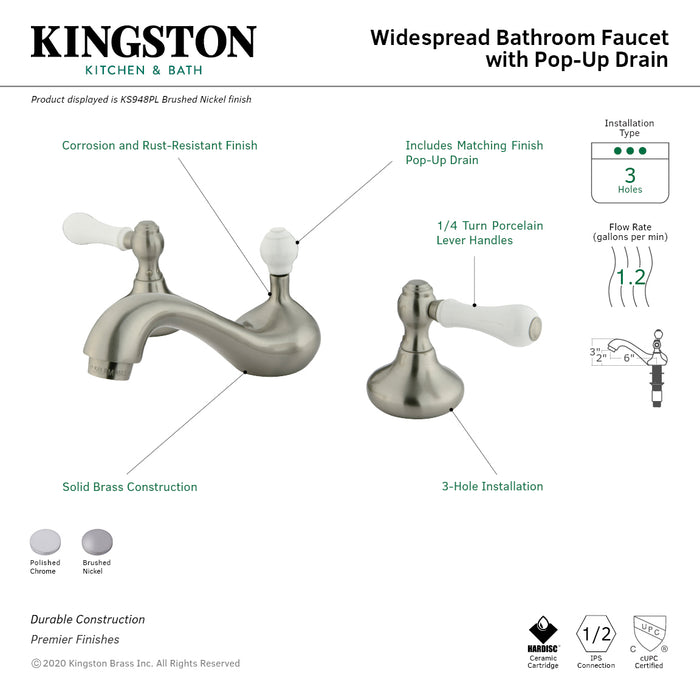 KS948PL Two-Handle 3-Hole Deck Mount Widespread Bathroom Faucet with Plastic Pop-Up, Brushed Nickel
