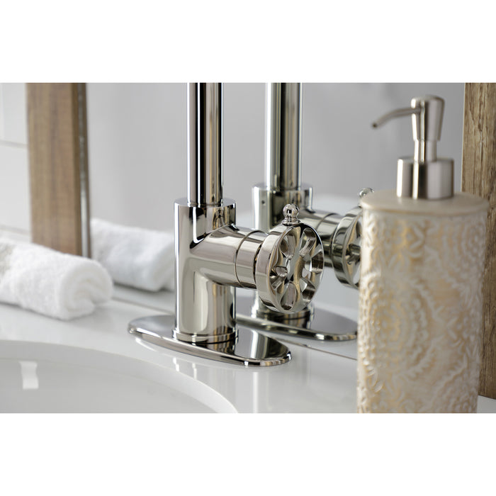 Kingston Sona KSD144RXPN - Belknap One-Handle 1-Hole Bathroom Faucet with Deck Plate and Push Pop-Up Drain, Polished Nickel