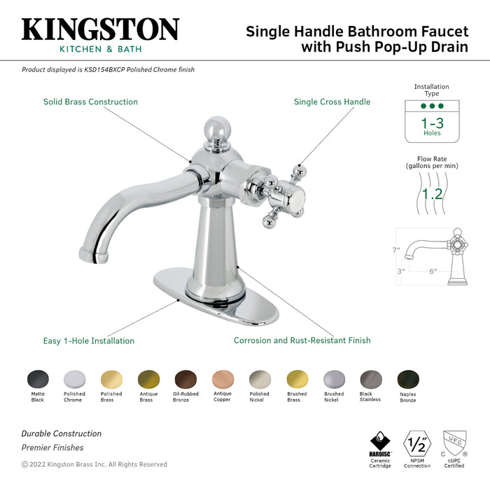 Nautical KSD154BXBB Single-Handle 1-Hole Deck Mount Bathroom Faucet with Push Pop-Up and Deck Plate, Brushed Brass