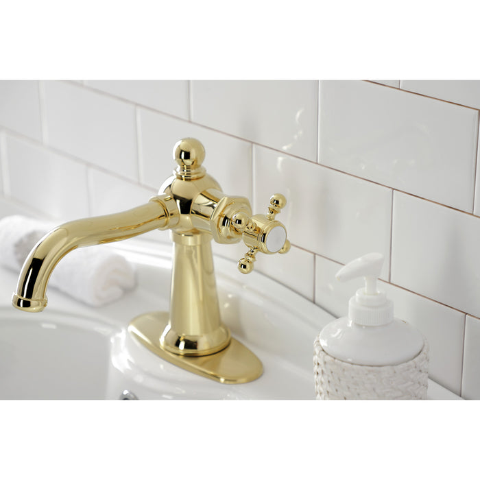 Kingston Heirloom KSD154BXPB - Nautical One-Handle 1-Hole Bathroom Faucet with Deck Plate and Push Pop-Up Drain, Polished Brass