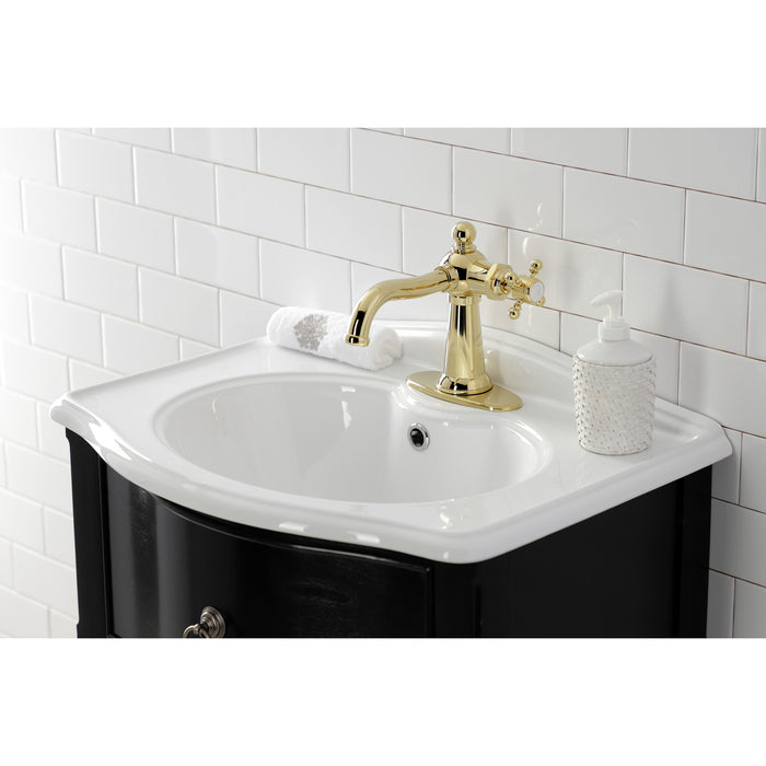 Kingston Heirloom KSD154BXPB - Nautical One-Handle 1-Hole Bathroom Faucet with Deck Plate and Push Pop-Up Drain, Polished Brass