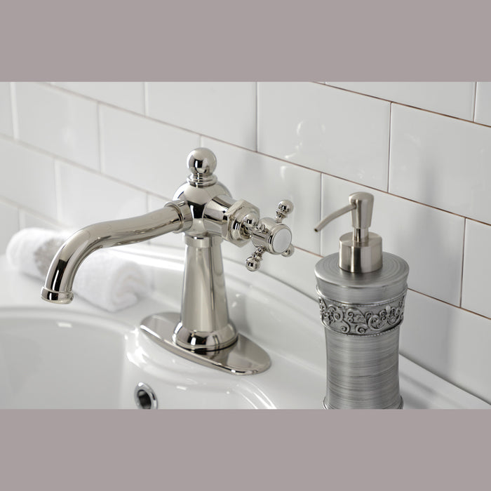Kingston Heirloom KSD154BXPN - Nautical One-Handle 1-Hole Bathroom Faucet with Deck Plate and Push Pop-Up Drain, Polished Nickel