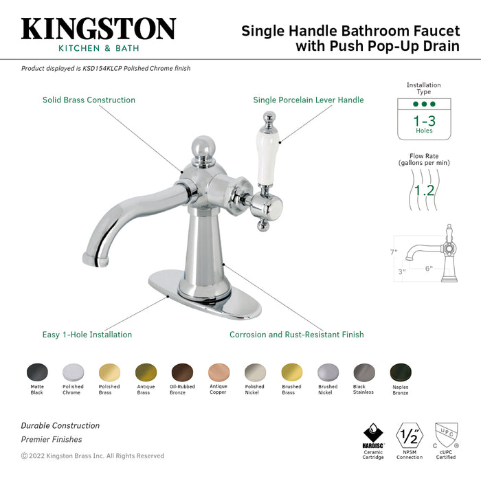 Nautical KSD154KLBN Single-Handle 1-Hole Deck Mount Bathroom Faucet with Push Pop-Up and Deck Plate, Brushed Nickel