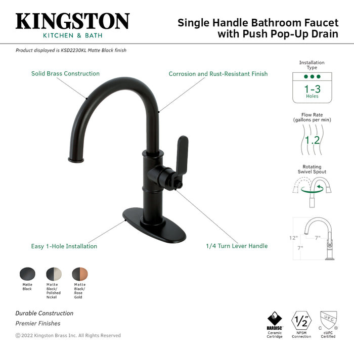 Whitaker KSD2236KL Single-Handle 1-Hole Deck Mount Bathroom Faucet with Push Pop-Up and Deck Plate, Matte Black/Polished Nickel