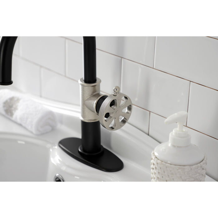 Belknap KSD2236RX Single-Handle 1-Hole Deck Mount Bathroom Faucet with Push Pop-Up and Deck Plate, Matte Black/Polished Nickel