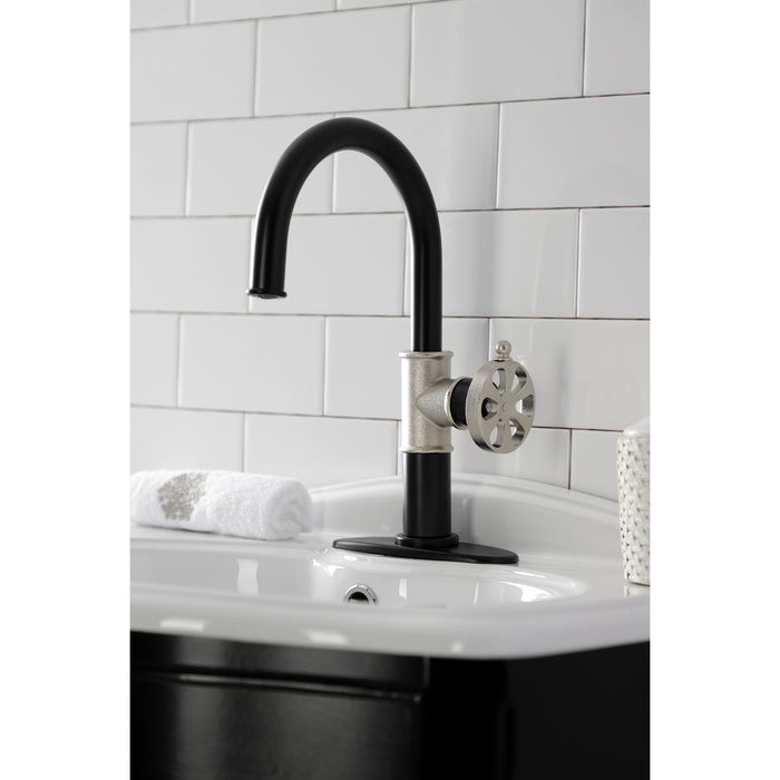 Kingston Sona KSD2236RX - Belknap One-Handle 1-Hole Bathroom Faucet with Deck Plate and Push Pop-Up Drain, Matte Black/Polished Nickel