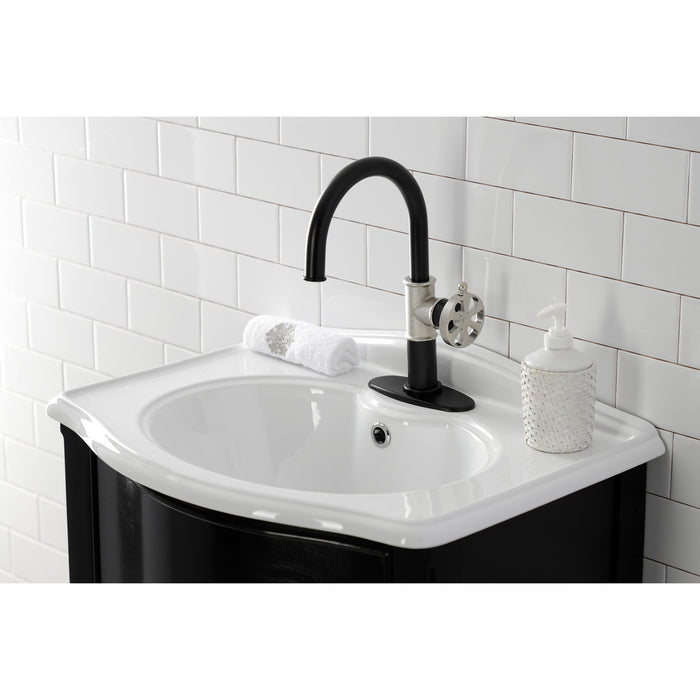 Kingston Sona KSD2236RX - Belknap One-Handle 1-Hole Bathroom Faucet with Deck Plate and Push Pop-Up Drain, Matte Black/Polished Nickel