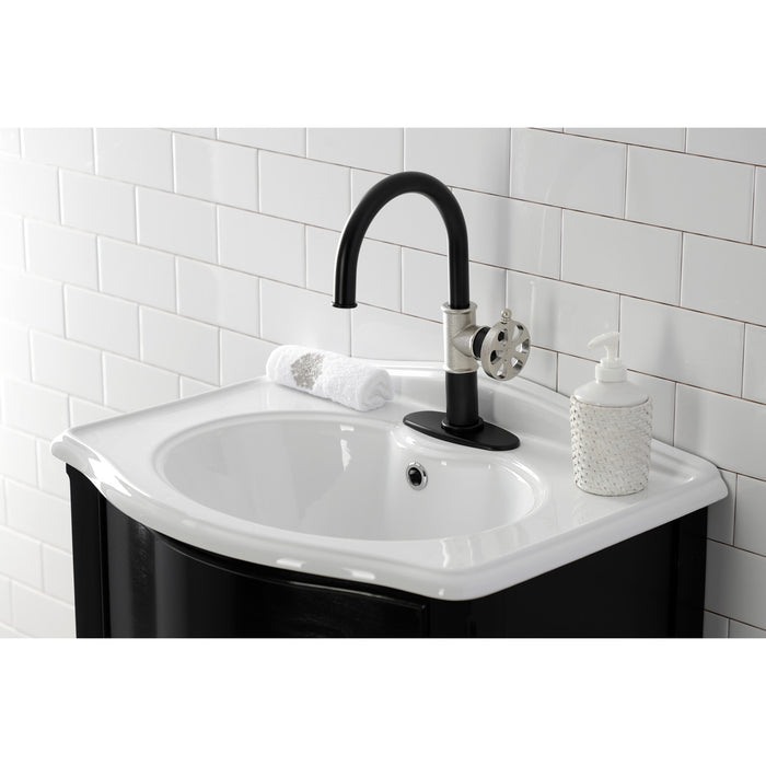 Belknap KSD2236RX Single-Handle 1-Hole Deck Mount Bathroom Faucet with Push Pop-Up and Deck Plate, Matte Black/Polished Nickel