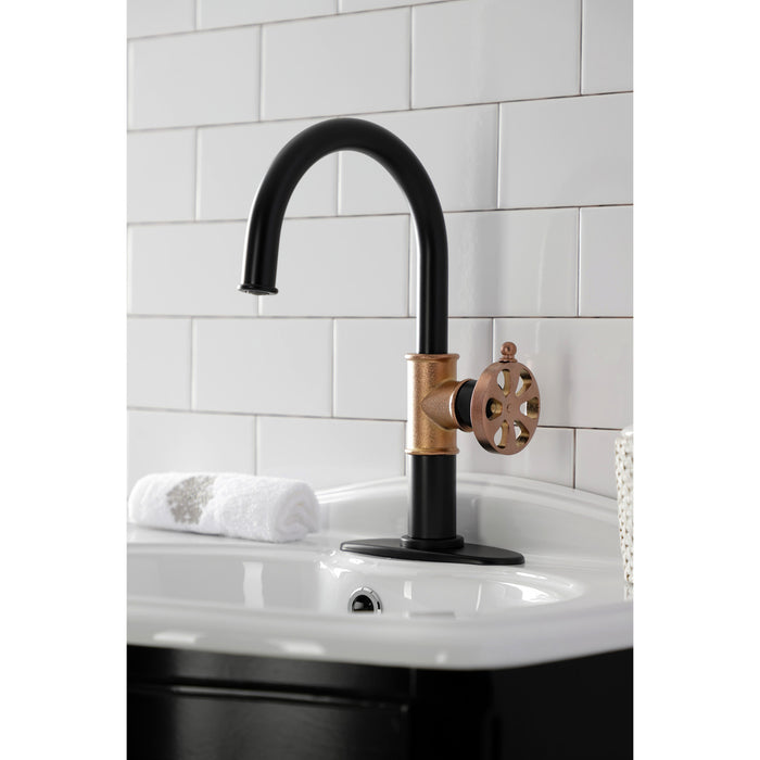 Kingston Sona KSD2237RX - Belknap One-Handle 1-Hole Bathroom Faucet with Deck Plate and Push Pop-Up Drain, Matte Black/Rose Gold
