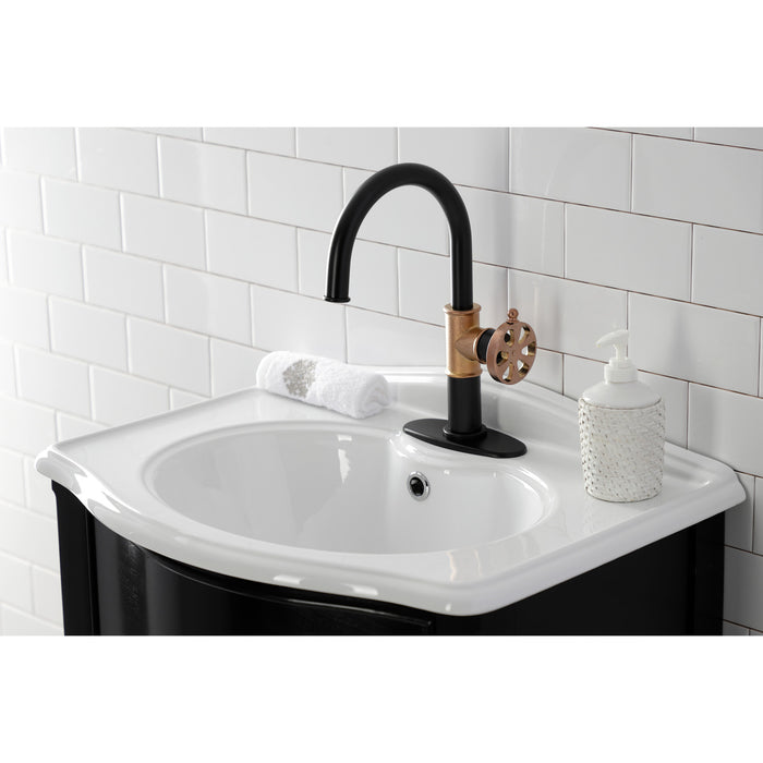 Kingston Sona KSD2237RX - Belknap One-Handle 1-Hole Bathroom Faucet with Deck Plate and Push Pop-Up Drain, Matte Black/Rose Gold