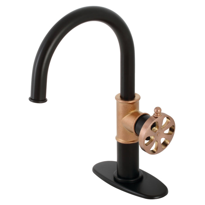 Kingston Sona KSD2237RX - Belknap One-Handle 1-Hole Bathroom Faucet with Deck Plate and Push Pop-Up Drain, Matte Black/Rose Gold