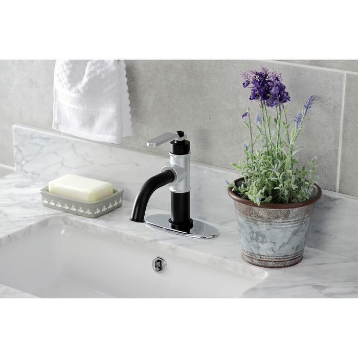 Whitaker KSD2821KL Single-Handle 1-Hole Deck Mount Bathroom Faucet with Push Pop-Up and Deck Plate, Matte Black/Polished Chrome