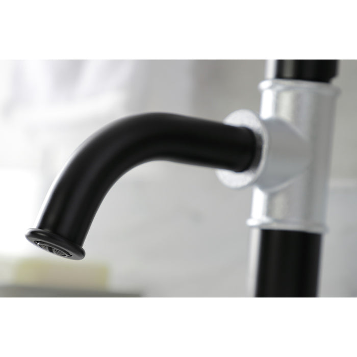 Kingston Sona KSD2821RX - Belknap One-Handle 1-Hole Bathroom Faucet with Deck Plate and Push Pop-Up Drain, Matte Black/Polished Chrome