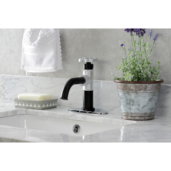 Kingston Sona KSD2821RX - Belknap One-Handle 1-Hole Bathroom Faucet with Deck Plate and Push Pop-Up Drain, Matte Black/Polished Chrome