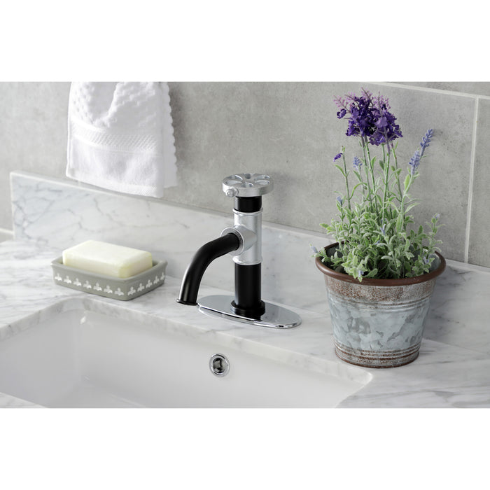 Kingston Sona KSD2821RX - Belknap One-Handle 1-Hole Bathroom Faucet with Deck Plate and Push Pop-Up Drain, Matte Black/Polished Chrome