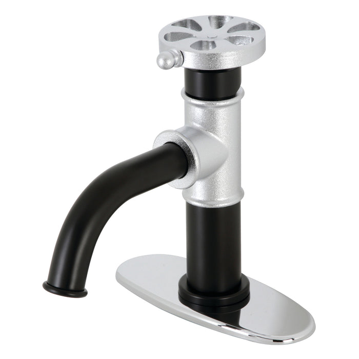 Kingston Sona KSD2821RX - Belknap One-Handle 1-Hole Bathroom Faucet with Deck Plate and Push Pop-Up Drain, Matte Black/Polished Chrome