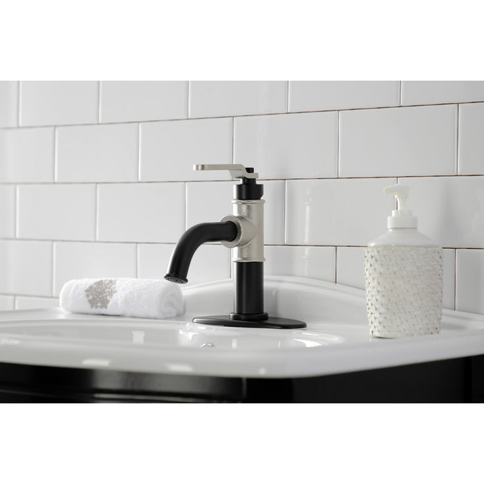 Whitaker KSD2826KL Single-Handle 1-Hole Deck Mount Bathroom Faucet with Push Pop-Up and Deck Plate, Matte Black/Polished Nickel