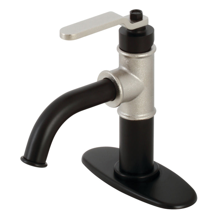 Whitaker KSD2826KL Single-Handle 1-Hole Deck Mount Bathroom Faucet with Push Pop-Up and Deck Plate, Matte Black/Polished Nickel