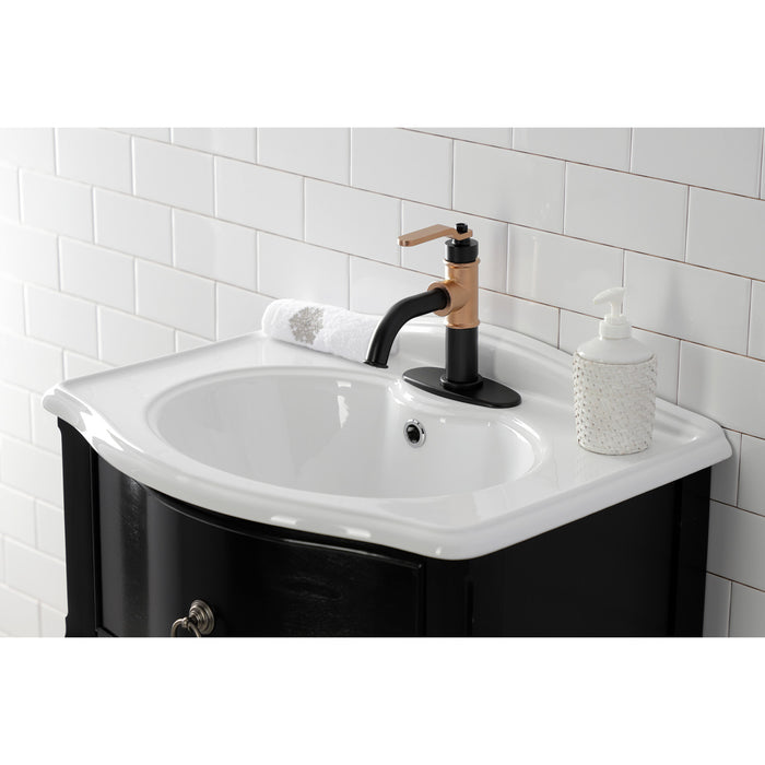 Whitaker KSD2827KL Single-Handle 1-Hole Deck Mount Bathroom Faucet with Push Pop-Up and Deck Plate, Matte Black/Rose Gold