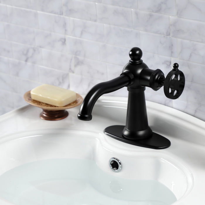 Webb KSD3540RKX Single-Handle 1-Hole Deck Mount Bathroom Faucet with Knurled Handle and Push Pop-Up Drain, Matte Black
