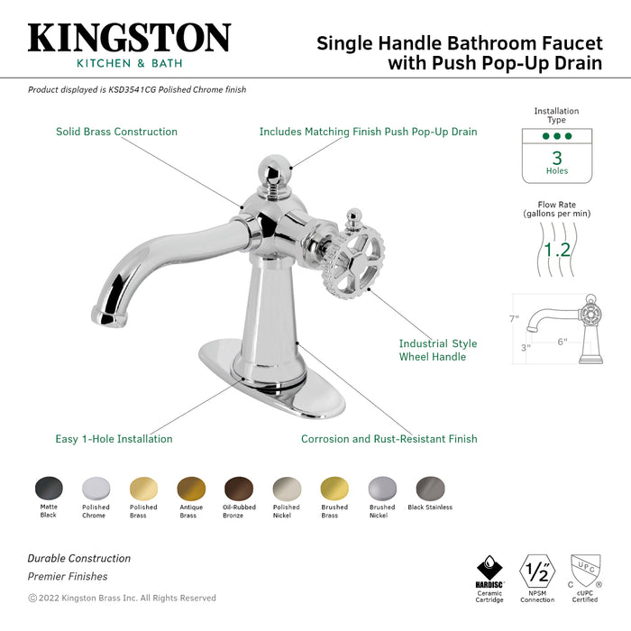 Fuller KSD3542CG Single-Handle 1-Hole Deck Mount Bathroom Faucet with Push Pop-Up and Deck Plate, Polished Brass