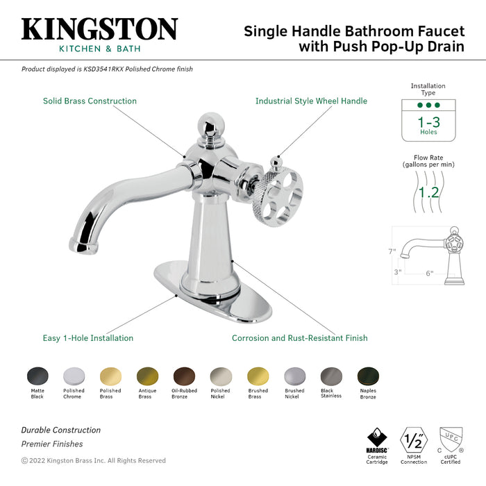 Webb KSD3547RKX Single-Handle 1-Hole Deck Mount Bathroom Faucet with Knurled Handle and Push Pop-Up Drain, Brushed Brass