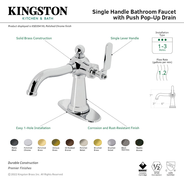 Knight KSD3548KL Single-Handle 1-Hole Deck Mount Bathroom Faucet with Push Pop-Up and Deck Plate, Brushed Nickel