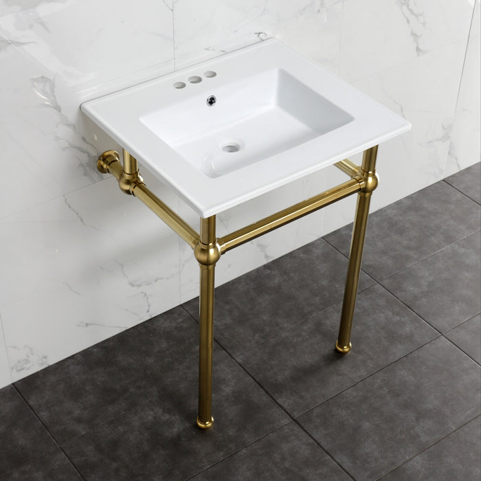 Kingston Heirloom KVBH25227W4B7 - Templeton 25-Inch Ceramic Console Sink with Brass Legs (4-Inch, 3-Hole), White/Brushed Brass