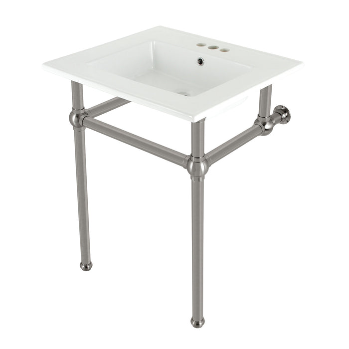Kingston Heirloom KVBH25227W4B8 - Templeton 25-Inch Ceramic Console Sink with Brass Legs (4-Inch, 3-Hole), White/Brushed Nickel