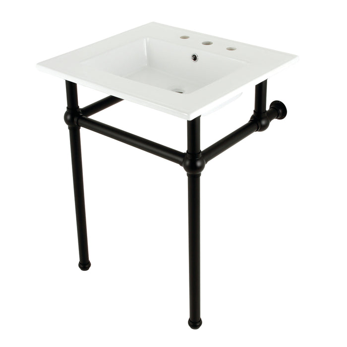 Kingston Heirloom KVBH25227W8B0 - Templeton 25-Inch Ceramic Console Sink with Brass Legs (8-Inch, 3-Hole), White/Matte Black