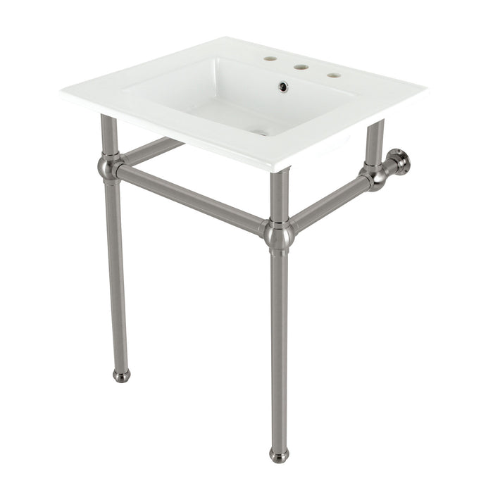 Kingston Heirloom KVBH25227W8B8 - Templeton 25-Inch Ceramic Console Sink with Brass Legs (8-Inch, 3-Hole), White/Brushed Nickel