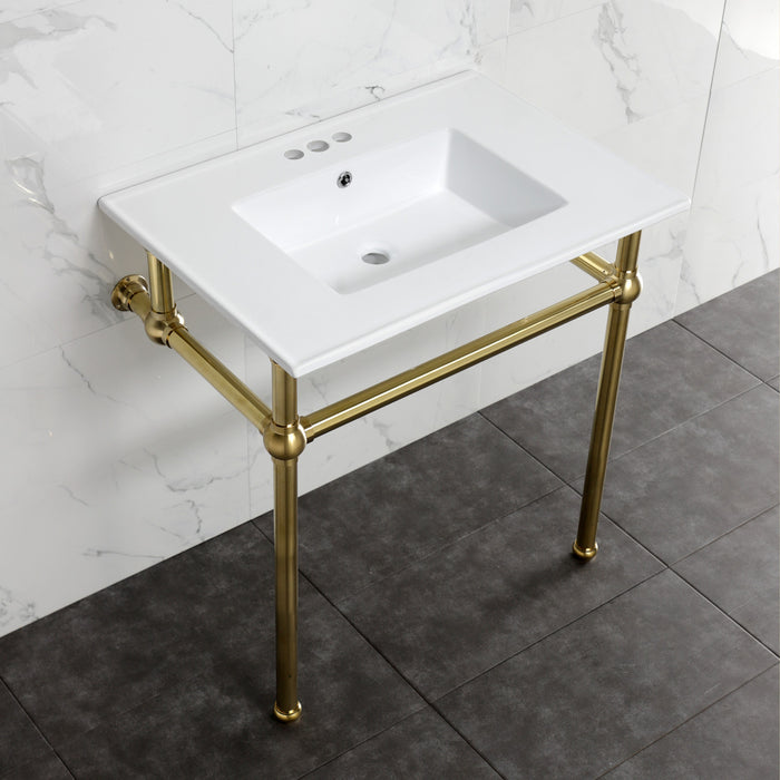 Kingston Heirloom KVBH31227W4B7 - Templeton 31-Inch Ceramic Console Sink with Brass Legs (8-Inch, 3-Hole), White/Brushed Brass