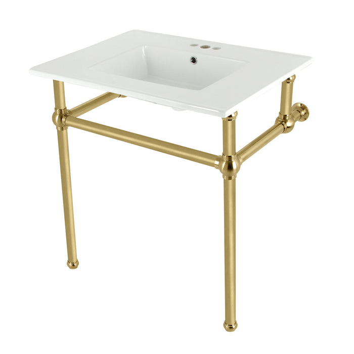 Kingston Heirloom KVBH31227W4B7 - Templeton 31-Inch Ceramic Console Sink with Brass Legs (8-Inch, 3-Hole), White/Brushed Brass