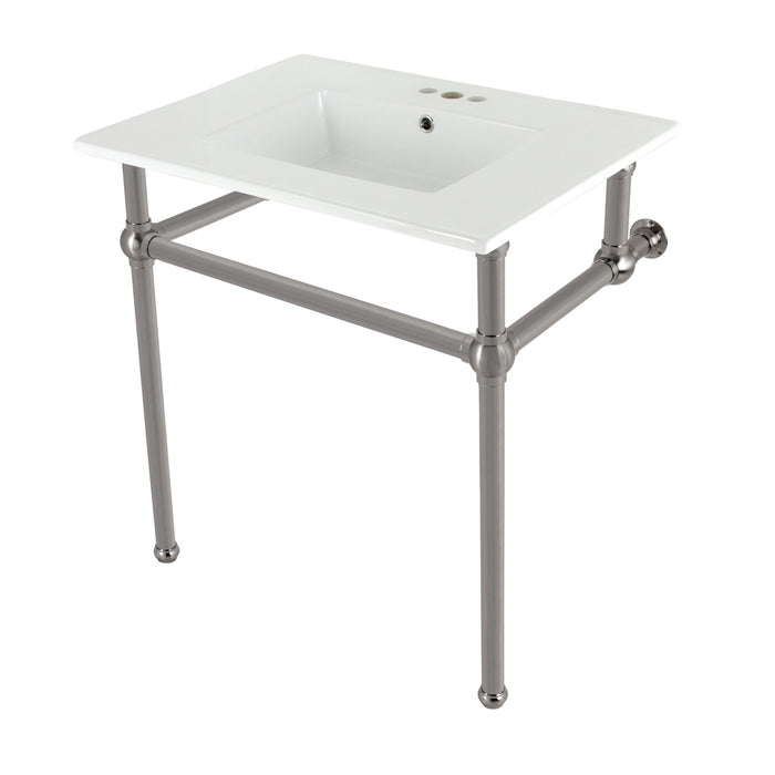 Kingston Heirloom KVBH31227W4B8 - Templeton 31-Inch Ceramic Console Sink with Brass Legs (8-Inch, 3-Hole), White/Brushed Nickel