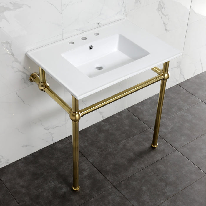 Kingston Heirloom KVBH31227W8B7 - Templeton 31-Inch Ceramic Console Sink with Brass Legs (8-Inch, 3-Hole), White/Brushed Brass