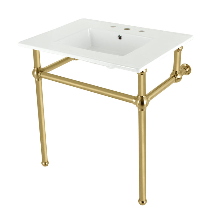 Kingston Heirloom KVBH31227W8B7 - Templeton 31-Inch Ceramic Console Sink with Brass Legs (8-Inch, 3-Hole), White/Brushed Brass