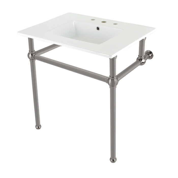 Kingston Heirloom KVBH31227W8B8 - Templeton 31-Inch Ceramic Console Sink with Brass Legs (8-Inch, 3-Hole), White/Brushed Nickel