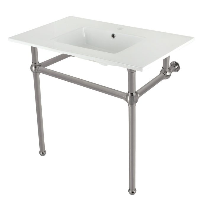 Kingston Heirloom KVBH37227BN - Templeton 37-Inch Ceramic Console Sink with Brass Legs (1-Hole), White/Brushed Nickel