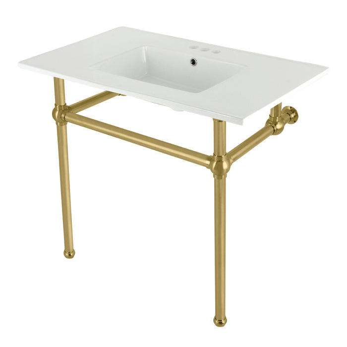 Kingston Heirloom KVBH37227W4BB - Templeton 37-Inch Ceramic Console Sink with Brass Legs (4-Inch, 3-Hole), White/Brushed Brass