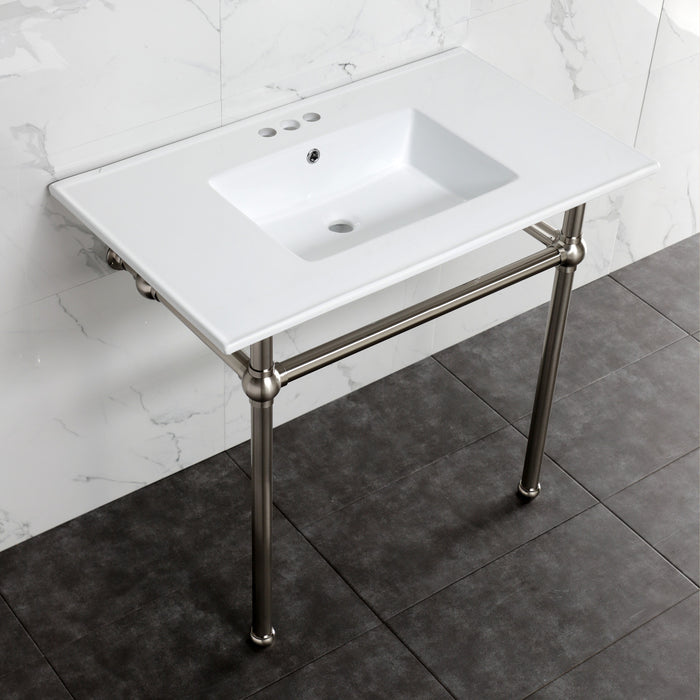 Kingston Heirloom KVBH37227W4BN - Templeton 37-Inch Ceramic Console Sink with Brass Legs (4-Inch, 3-Hole), White/Brushed Nickel