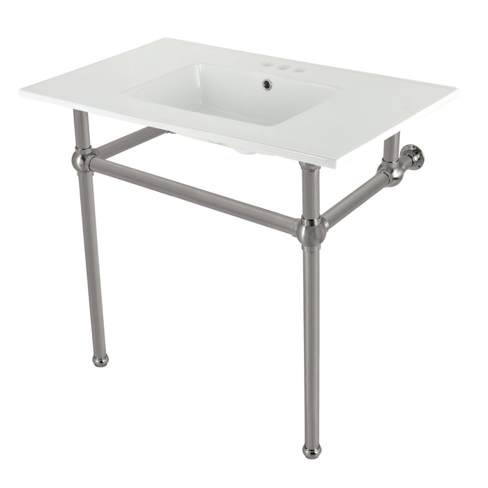 Kingston Heirloom KVBH37227W4BN - Templeton 37-Inch Ceramic Console Sink with Brass Legs (4-Inch, 3-Hole), White/Brushed Nickel