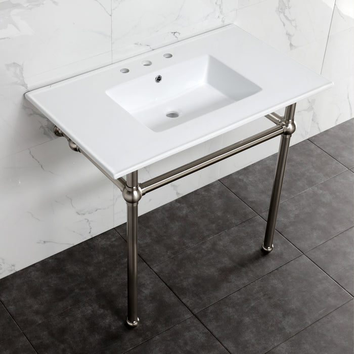 Kingston Heirloom KVBH37227W8BN - Templeton 37-Inch Ceramic Console Sink with Brass Legs (8-Inch, 3-Hole), White/Brushed Nickel